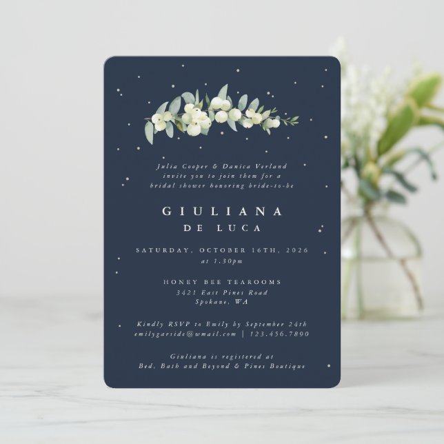 Elegant Navy Snowberry+Eucalyptus Bridal Shower Invitation (Standing Front)