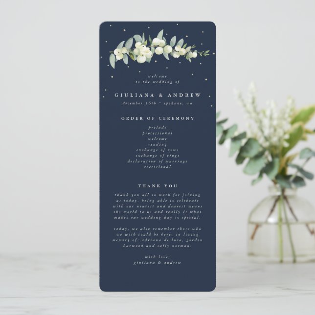 Elegant Navy Snowberry+Eucalyptus Stem Wedding Program (Standing Front)
