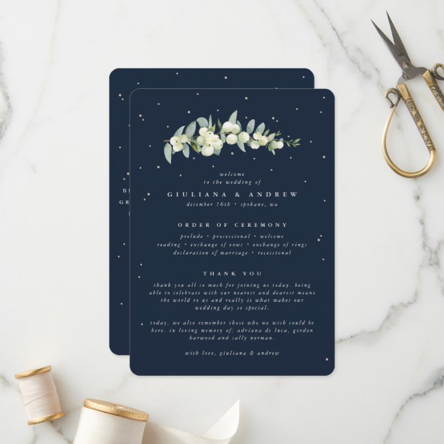 Elegant Navy Snowberry+Eucalyptus Stem Wedding Program (Front/Back In Situ)