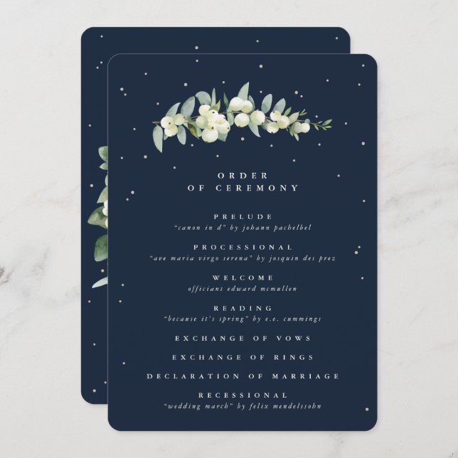 Elegant Navy Snowberry+Eucalyptus Stem Wedding Program (Front/Back)