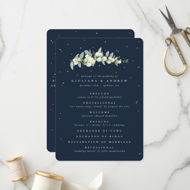 Elegant Navy Snowberry+Eucalyptus Stem Wedding Program (Front/Back In Situ)
