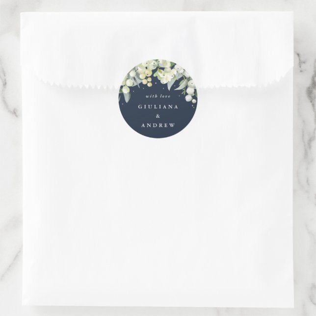 Elegant Navy Snowberry+Eucalyptus Wedding Classic Round Sticker (Bag)