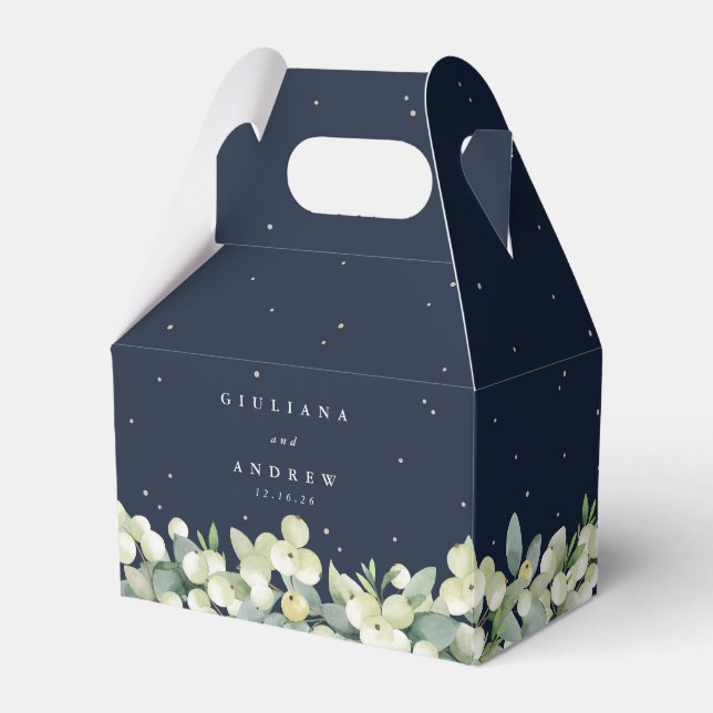 Elegant Navy Snowberry+Eucalyptus Winter Wedding Favour Box (Front Side)