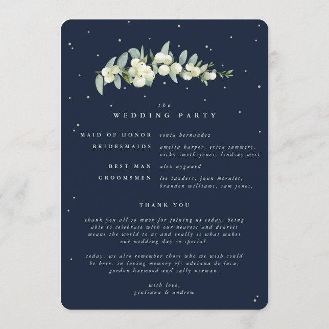 Elegant Navy Snowberry+Eucalyptus Winter Wedding Program (Back)