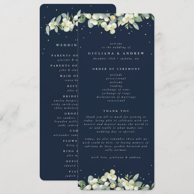 Elegant Navy Snowberry+Eucalyptus Winter Wedding Program (Front/Back)