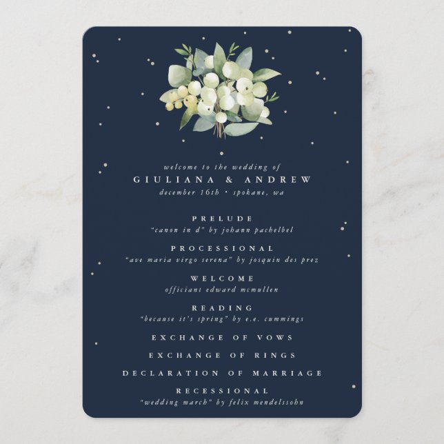 Elegant Navy Snowberry+Eucalyptus Winter Wedding Program (Front)