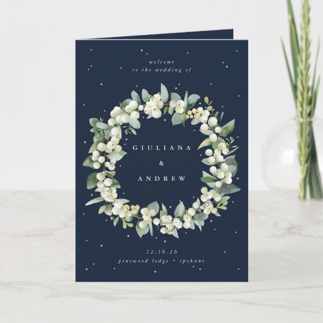 Elegant Navy Snowberry+Eucalyptus Winter Wedding Program (Front)