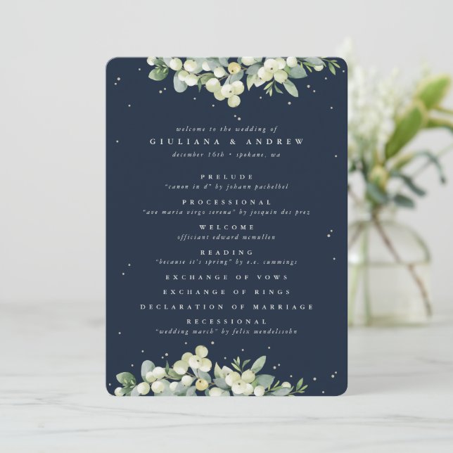 Elegant Navy Snowberry+Eucalyptus Winter Wedding Program (Standing Front)