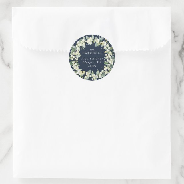 Elegant Navy Snowberry+Eucalyptus Wreath Address Classic Round Sticker (Bag)