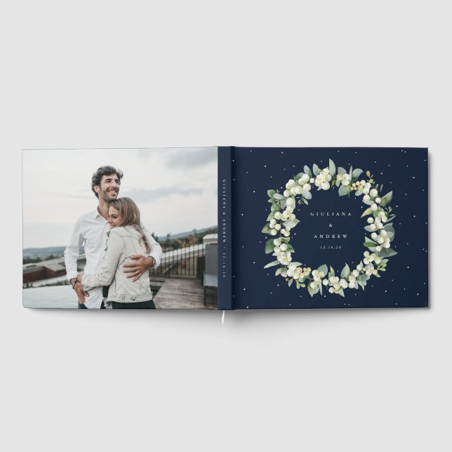 Elegant Navy Snowberry+Eucalyptus Wreath Wedding Guest Book (Full)