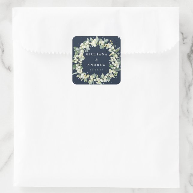 Elegant Navy Snowberry+Eucalyptus Wreath Wedding Square Sticker (Bag)