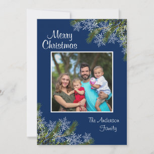 Elegant Navy Snowflake and Pine Flat Holiday Card