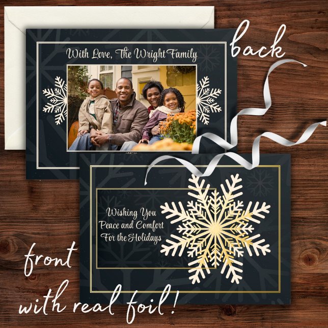 Elegant Navy Snowflake Photo Foil Holiday Card (Creator Uploaded)