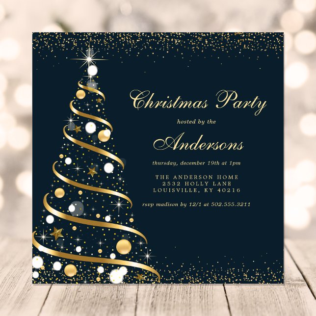 Elegant Navy Sparkle Christmas Tree Party Invitation (Creator Uploaded)