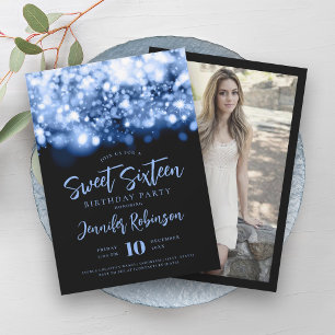 Elegant Navy Sparkle Lights Photo Sweet 16   Invitation
