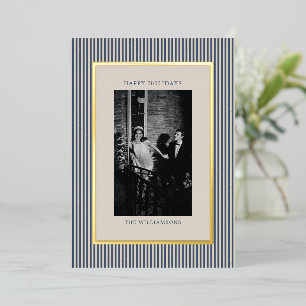 Elegant Navy Stripe Gold Border Christmas Newlywed Foil Holiday Card