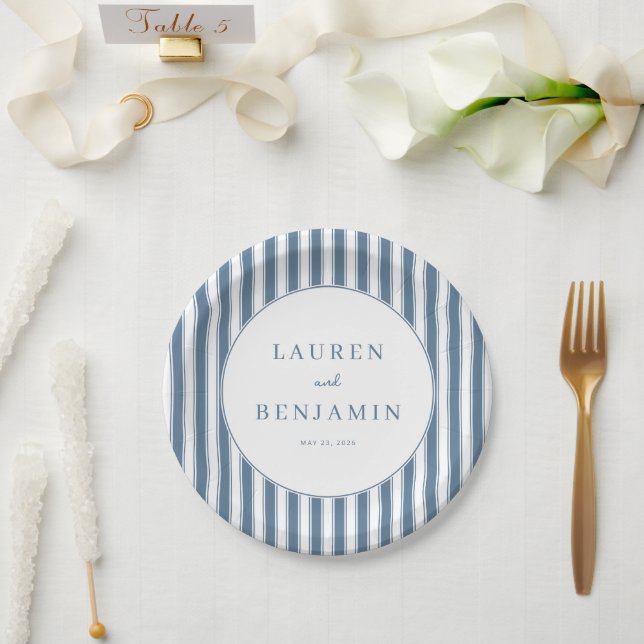 Elegant Navy Striped Circle Paper Plate (Wedding)
