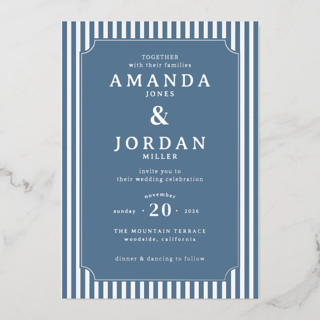 Elegant Navy Striped Wedding Invitation (Front)