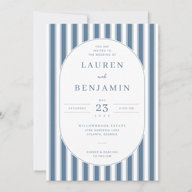Elegant Navy Striped Wedding Invitation (Front)