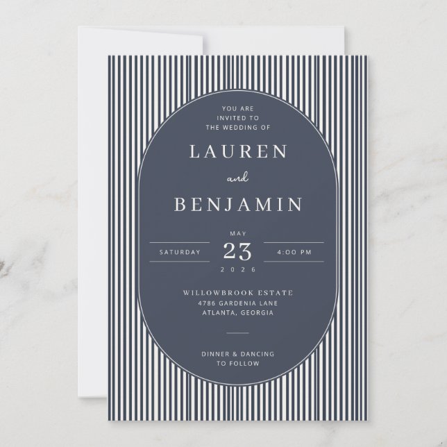 Elegant Navy Striped Wedding Invitation (Front)