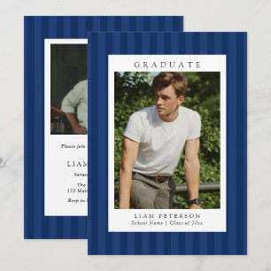 Elegant Navy Stripes 2 Photo Graduation Party Invitation