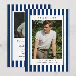 Elegant Navy Stripes 2 Photo Graduation Party Invitation