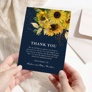 Elegant Navy Sunflower & Gold Sympathy Memorial Thank You Card