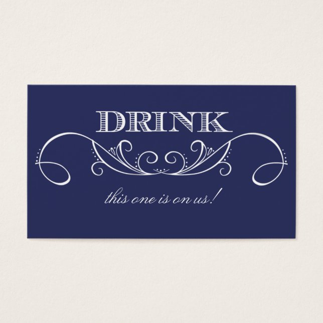 Elegant Navy Swirl Wedding Drink Ticket (Front)