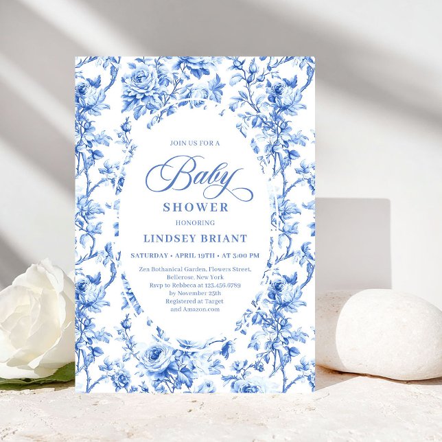 Elegant Navy Toile de Jouy Rose Baby Shower Invite (Luxury Navy Blue Toile Rose Baby Shower Invitation)