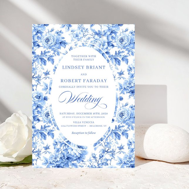 Elegant Navy Toile Rose Wedding Invitation (Elegant Navy Toile Rose Wedding Invitation)