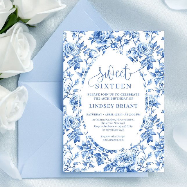 Elegant navy toile roses digital birthday invite  (Elegant navy toile roses digital birthday invite sweet sixteen

)