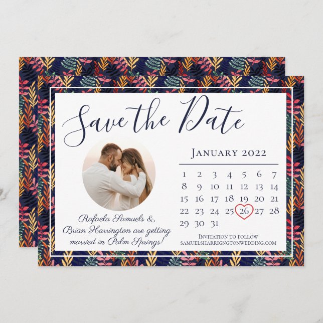Elegant Navy Tropical Leaf Beach Wedding Calendar Save The Date (Front/Back)