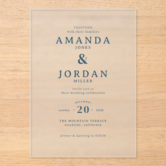 Elegant Navy Typographic Acrylic Invitations (Front)