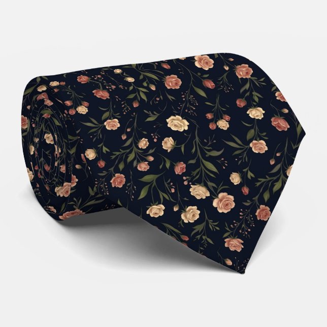 Elegant Navy Vintage Floral Tie Pattern (Rolled)