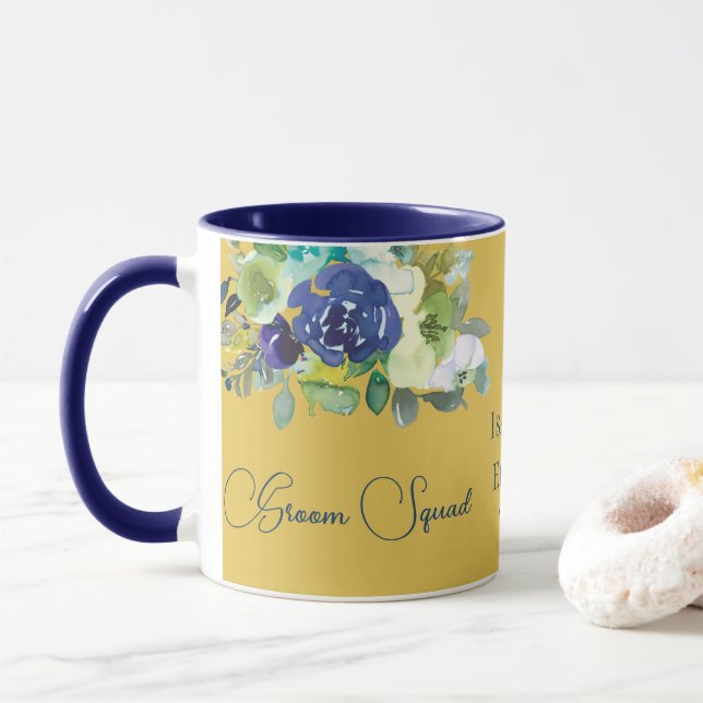 Elegant Navy Watercolor Floral Mustard Groom Squad Mug (With Donut)