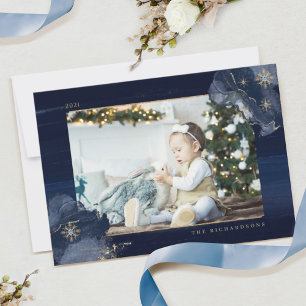 Elegant Navy Watercolor Ink & Golden Jewel Photo Holiday Card