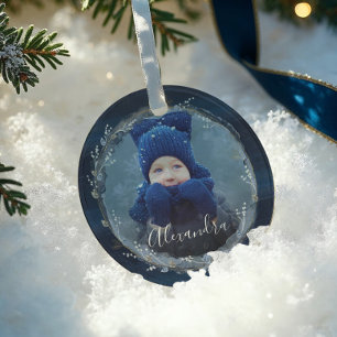 Elegant Navy Watercolor Ink & Jewels Photo Wreath Glass Tree Decoration