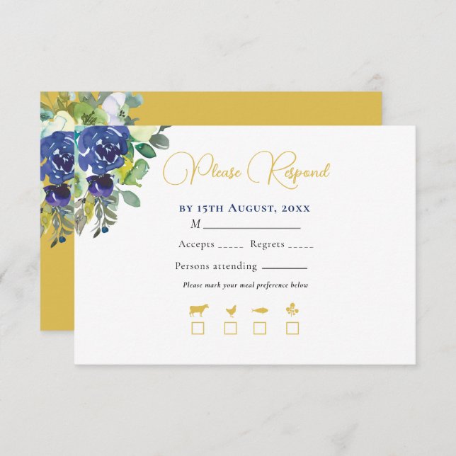 Elegant Navy Watercolor Roses Yellow Gold Wedding RSVP Card (Front/Back)