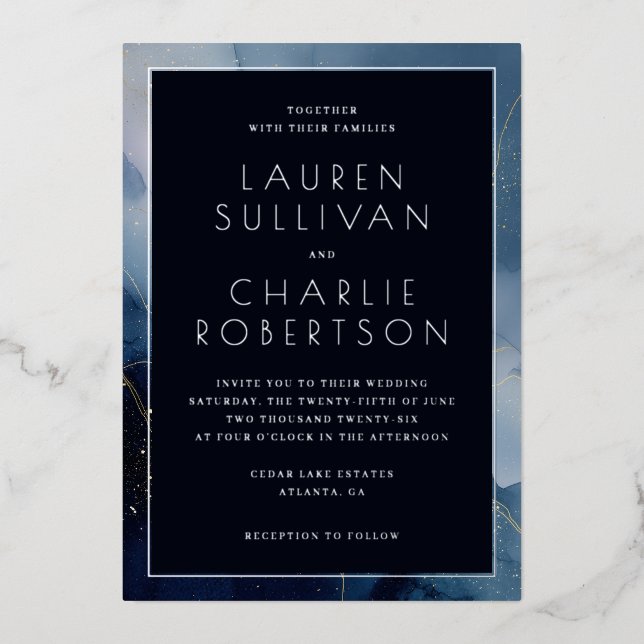 Elegant Navy Watercolor Wedding Invitation (Front)