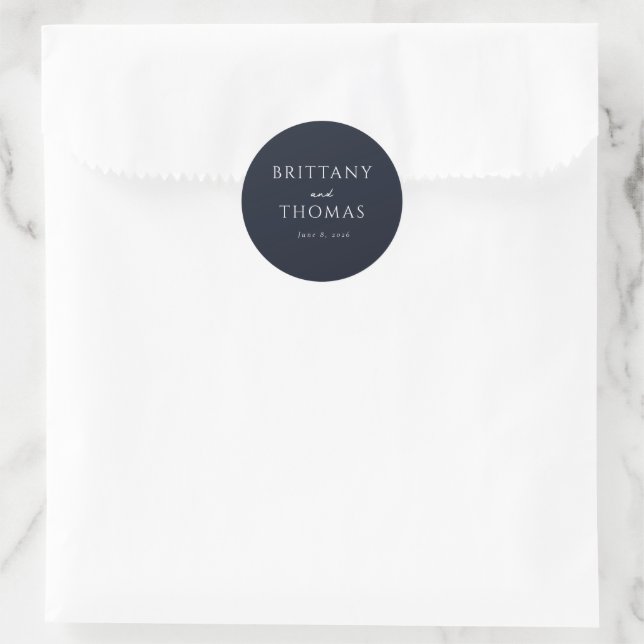 Elegant Navy Wedding Announcement Classic Round Sticker (Bag)