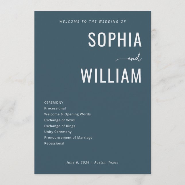 Elegant Navy Wedding Ceremony Schedule Program (Front)