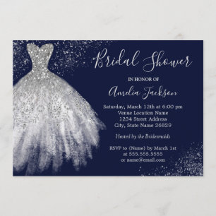 Elegant Navy Wedding Gown Bridal Shower Invitation