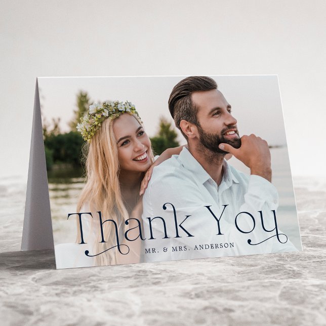 Elegant Navy Wedding Photo Thank You Card (Creator Uploaded)