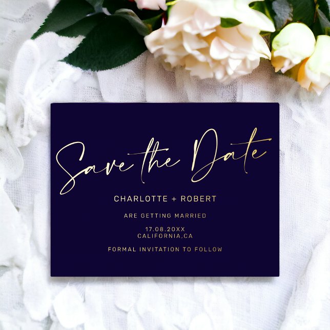 Elegant navy wedding save the date script gold foil invitation postcard (Elegant navy wedding save the date script gold foil invitation postcard)
