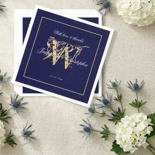 Elegant Navy Wedding White Script & Gold Monogram Napkin