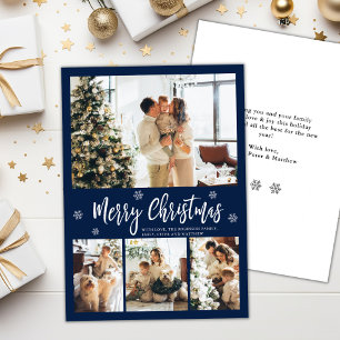 Elegant Navy White 4 Photo Collage Christmas Holiday Card