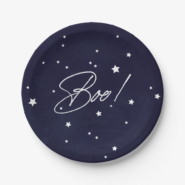 Elegant Navy/White Boo! Halloween Party Paper Plate (Front)