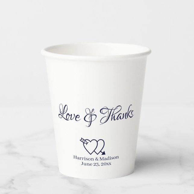 Elegant navy white custom script hearts wedding paper cups (Front)