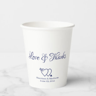 Elegant navy white custom script hearts wedding paper cups