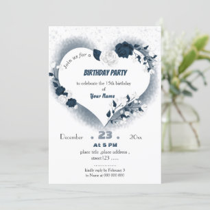 elegant navy &white floral heart birthday invitation